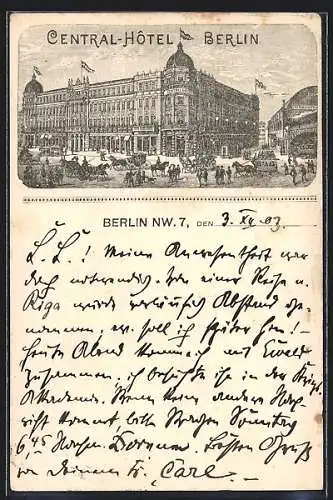 Lithographie Berlin, Central-Hotel mit Bahnhof Friedrichstrasse, rückseitig Hotel-Logo