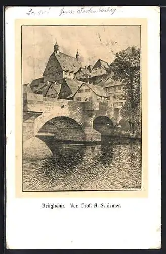 AK Besigheim, Partie am Fluss mit Brücke