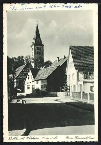 AK Welzheim, Strassenpartie beim Gemeindehaus, mit Kirche