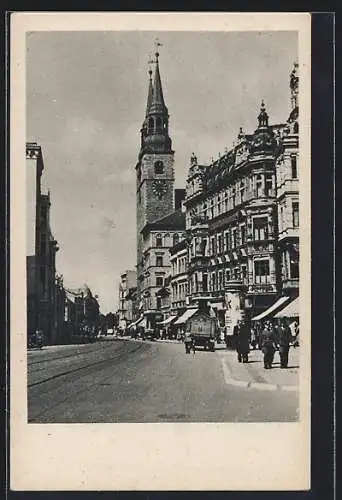 AK Magdeburg, Breiter Weg mit Katharinenkirche und Geschäften