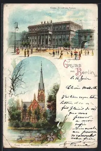 Lithographie Berlin, Kaiser Friedrich Palais, Kaiser Friedrich Gedächtniskirche