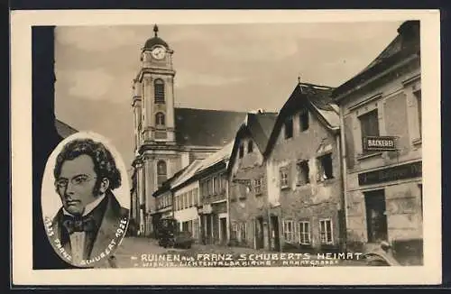 AK Wien, Portrait Franz Schubert, Marktgasse und Lichtentaler Kirche