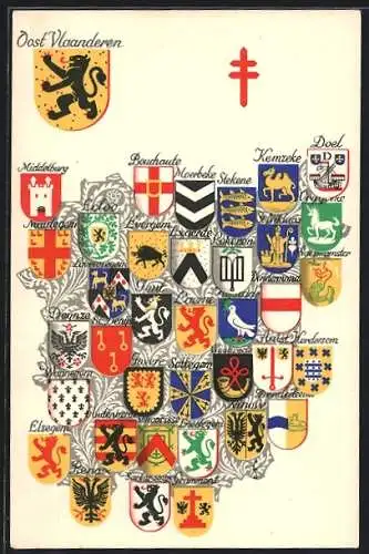 AK Wappenserie von Belgien: Wappen von Oost Vlaanderen und Umgebung