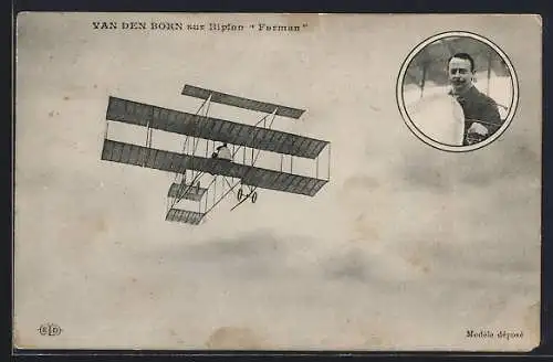 AK Van den Born sur Biplan Farman, Pionierflug Flugzeug