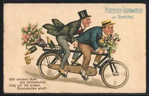 AK Zwei Herren mit Blumen auf einem Fahrrad Tandem - Velo Rad, Geburtstagsgruss