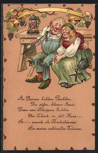 AK Älterer Mann mit Tabakspfeife und Frau