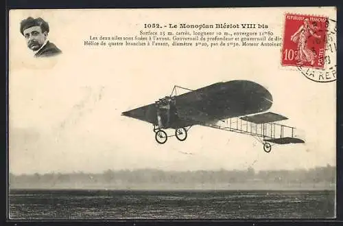 AK Flugzeug Blériot VIII über einem Feld, Flugzeug Pionierflug