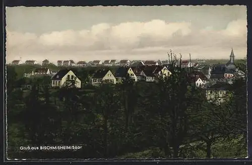 AK Bischmisheim /Saar, Ortsansicht mit Kirche aus der Vogelschau