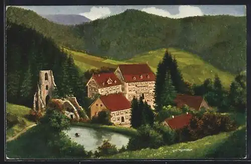 Künstler-AK Allerheiligen /Schwarzwald, Kurhaus Allerheiligen Gebr. Mittenmeier mit Teich und Ruine aus der Vogelschau