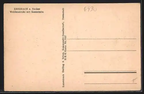 Künstler-AK Eberbach am Neckar, Weidenstrasse mit Rosenturm