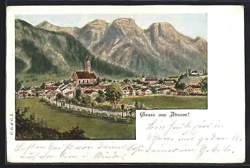 AK Absam, Ortsansicht mit Berglandschaft