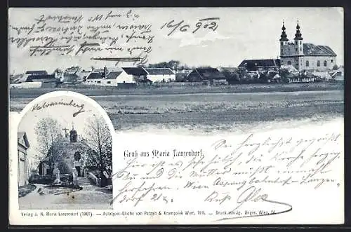 AK Maria Lanzendorf, Panorama und Kirche