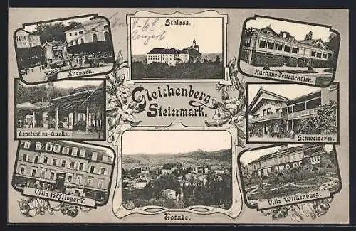 AK Gleichenberg, Villa Wickenburg, Constantins-Quelle, Schloss