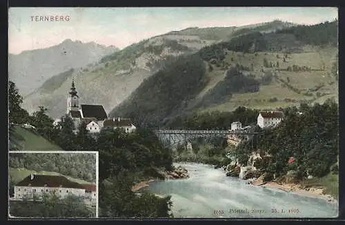 AK Ternberg, Brücke über den reissenden Fluss, Blick zur Kirche