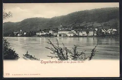 AK Engelhartszell an der Donau, Blick über die Donau auf den Ort mit der Kirche