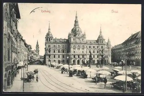 AK Graz, Hauptplatz mit Rathaus und Herrengasse