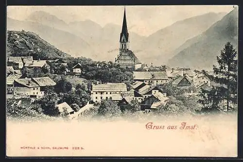 AK Imst, Ortsansicht mit Kirche und Berglandschaft