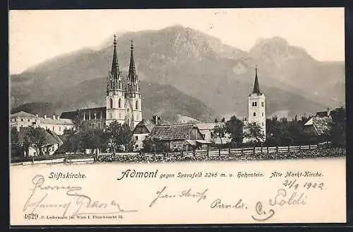AK Admont, Alte Markt-Kirche und Stiftskirche gegen Sparafeld und Hahnstein