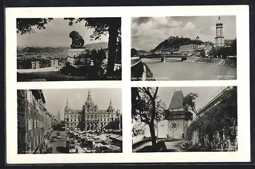 AK Graz, Ortsansichten, Schlossberg, Murbrücke, Hauptplatz u. Herrengasse mit Strassenbahn u. Uhrturm am Schlossberg