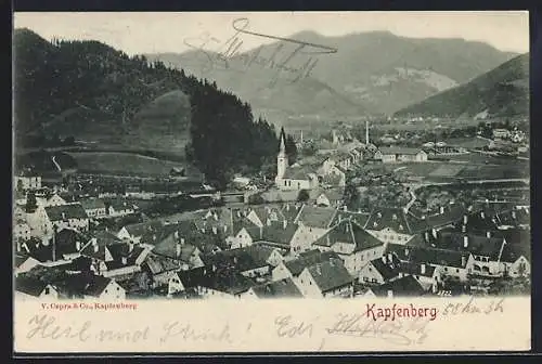 AK Kapfenberg, Ortsansicht mit Bergpanorama aus der Vogelschau