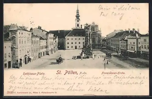 AK St. Pölten, Rathausplatz mit Dreifaltigkeitssäule und Franziskanerkirche