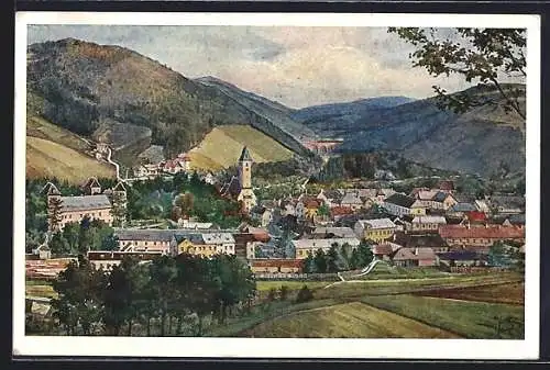 Künstler-AK Aspang /N.-Öst., Gesamtansicht mit Viadukt und Bergpanorama