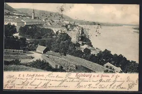 AK Hainburg a. d. Donau, Teilansicht mit K. k. Tabak-Fabrik und Wasserblick