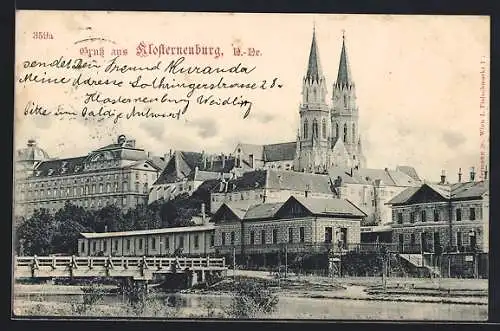 AK Klosterneuburg, Ortsansicht mit Kirche und Donau