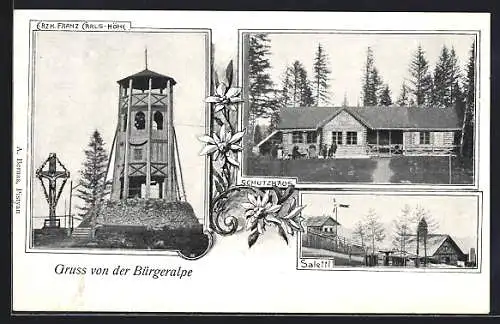 AK Maria-Zell, Gasthaus Bürgeralpe-Schutzhaus, Innenansicht, Salettl, Erzh. Franz Carls-Höhe