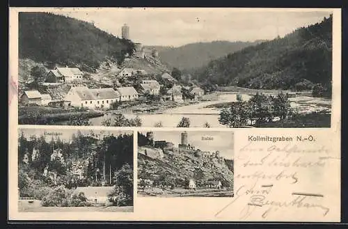 AK Kollmitzgraben, Gasthaus und Ruine, Ortsansicht