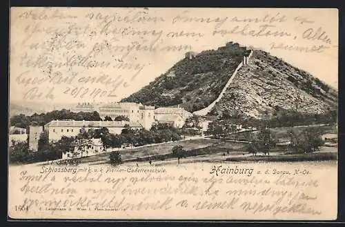 AK Hainburg / Donau, Schlossberg mit k. u. k. Pionier-Cadettenschule