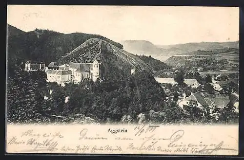 AK Aggstein, Ortsansicht mit Bergpanorama aus der Vogelschau