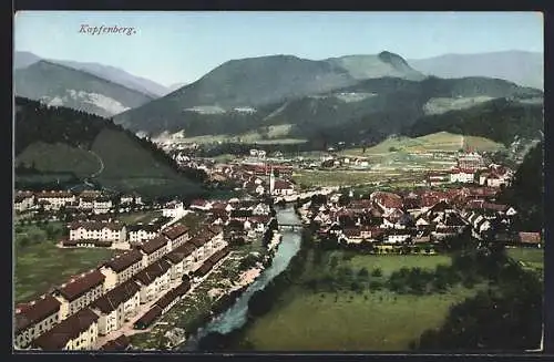 AK Kapfenberg, Ortsansicht mit Fluss und Bergen aus der Vogelschau