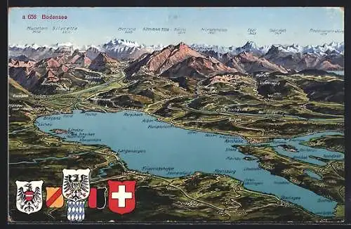 Künstler-AK Bregenz, Bodensee mit Orten und Alpenpanorama, Wappen