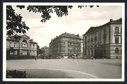 AK Eger, Strassenpartie mit Wiener Hutmoden, Bürger- & Volksschule & Margarethen-Villa