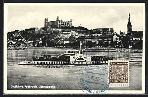 AK Bratislava, Teilansicht mit Schlossberg, Dampfer Orel