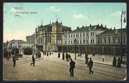 AK Brünn / Brno, Partie am Zentral-Bahnhof, Strassenbahn