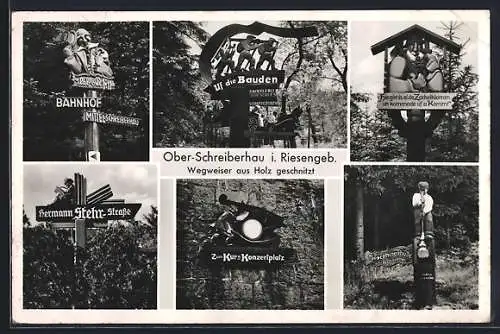 AK Ober-Schreiberhau, Wegweiser: Bahnhof, Uf die Bauden, Zum Kur- und Konzertplatz, Hermann Stehr-Strasse