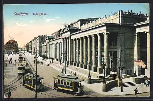 AK Stuttgart, Strassenbahnen in Fahrt vor dem Königsbau