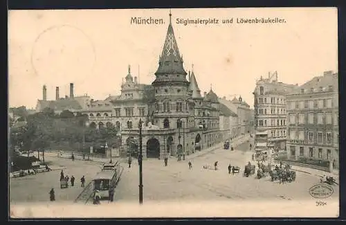 AK München, Stiglmaierplatz und Löwenbräukeller mit Strassenbahn und Litfasssäule