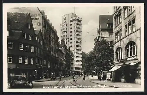 AK Stuttgart, Eberhardstrasse mit Tagblatt-Turmhaus und Einkaufs-Genossenschaft für das Schuhmachergewerbe