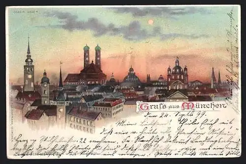 Lithographie München, Panorama bei Sonnenschein, Halt gegens Licht