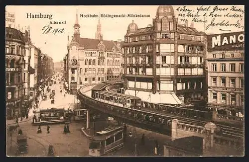 AK Hamburg, Hochbahn Rödingsmarkt-Mönkedamm, Alterwall, Strassenbahnen