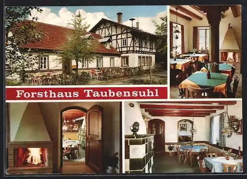 AK Landau / Pfalz, Forsthaus Taubensuhl, Terrasse, Innenansicht, Kaminzimmer