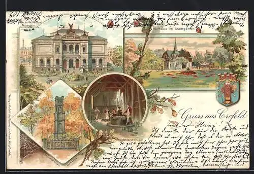 Lithographie Krefeld, Kaiser-Wilhelm-Museum, Veteranen-Denkmal und Krefelder-Sprudel