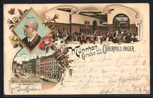 Lithographie München-Au, Gasthaus Oberpollinger mit Papa Geis und Saal