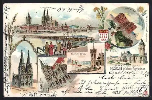 Lithographie Köln, Eisenbahn Brücke, Hahnenthor, Dom