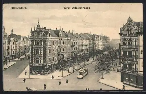 AK Düsseldorf, Graf Adolfstrasse mit Strassenbahn aus der Vogelschau