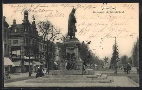 AK Düsseldorf, Alleestrasse mit Moltkedenkmal