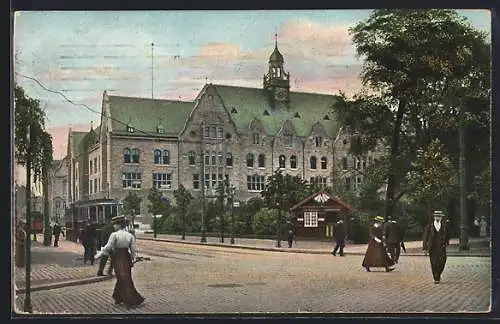 AK Düsseldorf, Strassenbahn vor der Kaiserl. Oberpostdirektion